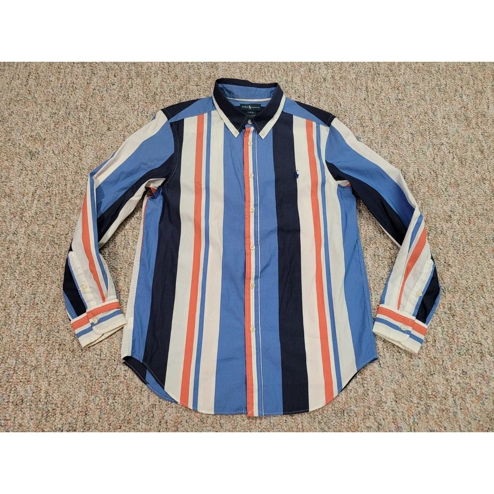 Ralph Lauren Striped Button Down Shirt Boys Large 14-16 Blue Orange Cotton